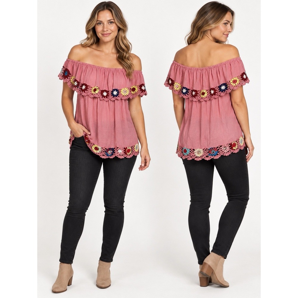 Annabelle Off Shoulder Top Floral Crochet trim Large Grannycore Boho